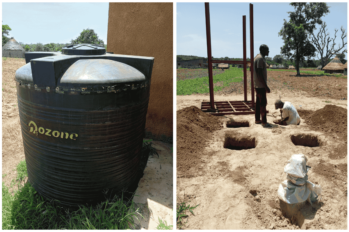 Left: A large black water storage tank labeled "Ozone" beside a building. Right: Two people dig square holes in sandy soil near metal poles in a rural area.